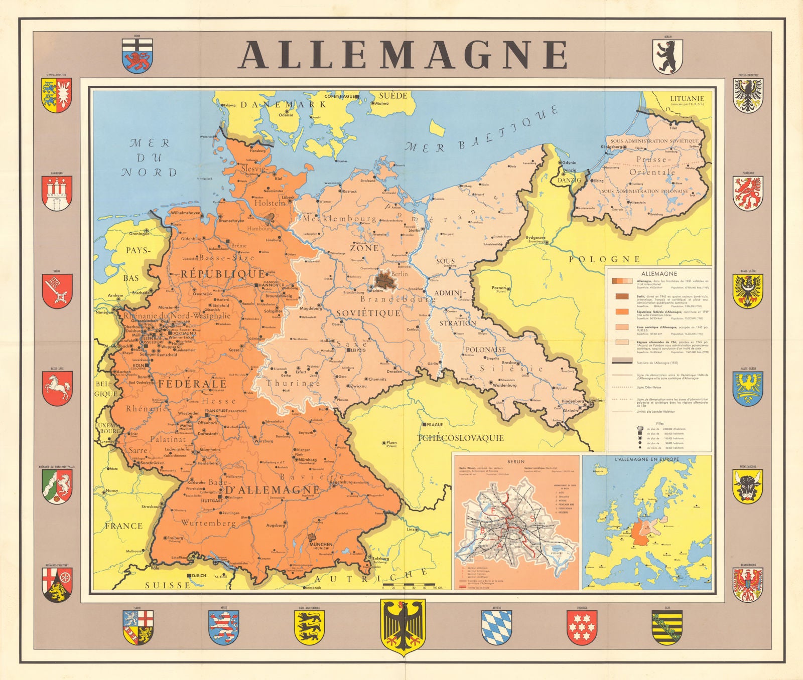 Allemagne. Post WW2 administration zones of pre-war Germany 1949 old map